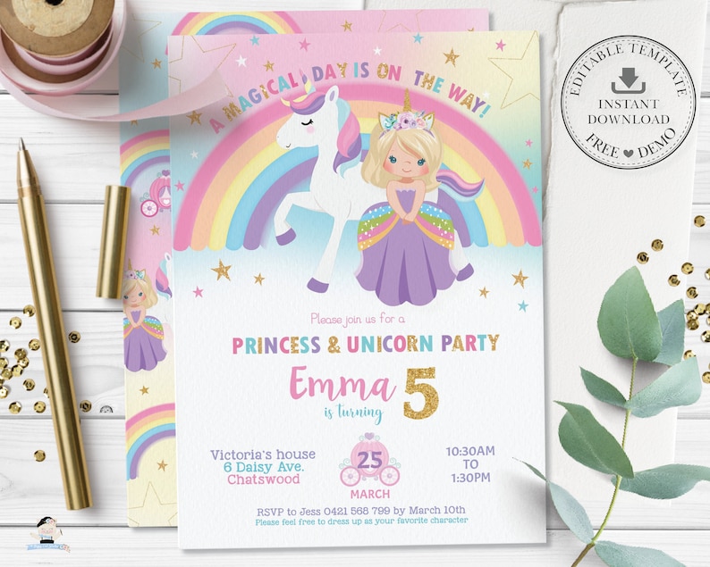 May include: A pink and blue invitation with a rainbow, stars, and a unicorn with a princess riding on its back. The text reads "A Magical Day is on the Way!" and "Princess & Unicorn Party Emma is turning 5".