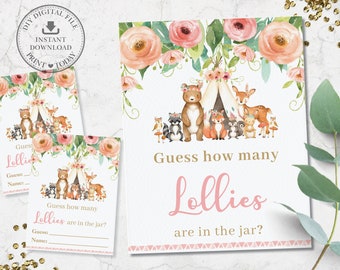 Guess How Many Lollies are in the Jar Game, INSTANT DOWNLOAD, Woodland Animals Tribal Floral Baby Shower Fun Activity, Diy PDF Printable WG5