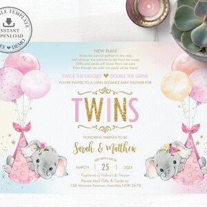 May include: A pink and blue baby shower invitation with a watercolor background. The invitation features two elephants holding balloons and the text "TWINS" in gold glitter. The invitation also includes the names "Sarah & Matthew" and the date "March 25, 20XX".