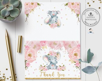 Elephant Folded Thank You Card, INSTANT DOWNLOAD, Elephant Printable, Baby Shower Girl, 1st Birthday, Pink Blush Floral, Glitter Gold, EP5