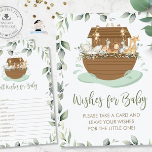 Noah's Ark wensen voor babykaart en teken, chic groen schattige tweeling dieren baby shower leuke activiteit afdrukbaar, diy pdf instant download, NA1