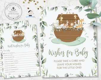 Cartão e placa dos desejos da Arca de Noé para o bebê, vegetação chique, animais gêmeos fofos, atividade divertida para chá de bebê para impressão, faça você mesmo, PDF, DOWNLOAD INSTANTÂNEO, NA1