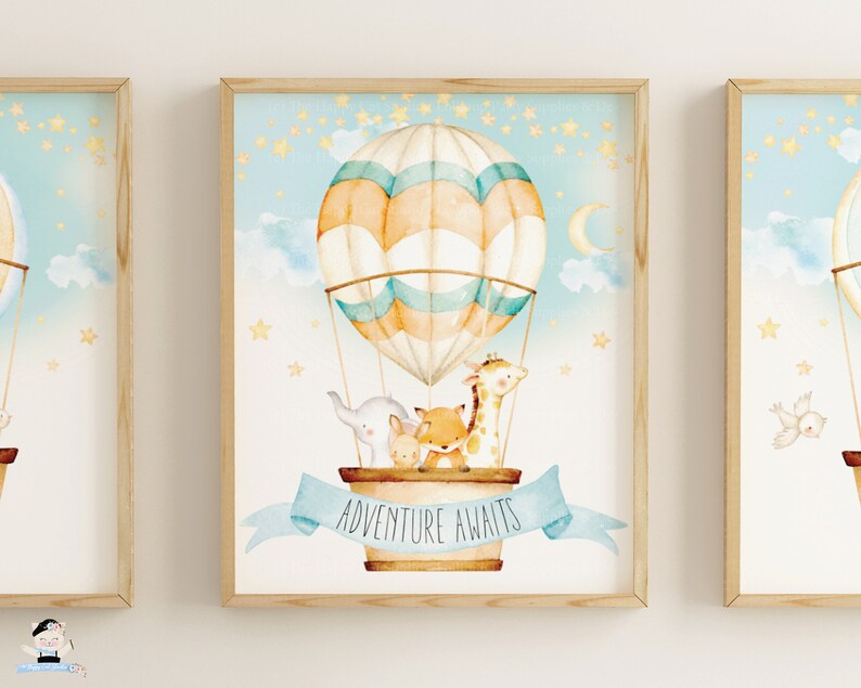 Hot Air Balloon Nursery Wall Art Cute Animals Printable Etsy