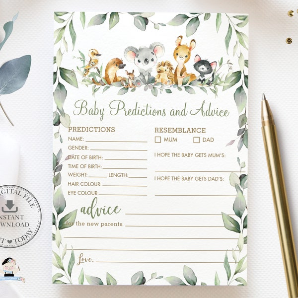 Baby Predictions and Advice Card, INSTANT DOWNLOAD, Australian Animals Koala Greenery Fun Baby Shower Game Activities Diy Printable File AU5