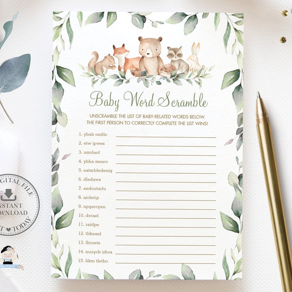 Cute Woodland Animals Greenery Baby Word Scramble Gender Neutral Boy Girl Twins Baby Shower Games Activities Bear Fox INSTANT DOWNLOAD WG12