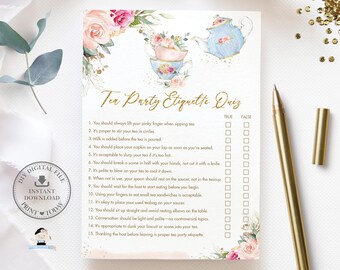 Tea Party Etiquette Quiz Bridal Baby Shower Birthday Game INSTANT DOWNLOAD Vintage Blush Pink Floral Victorian Fun Activity Printable TP5