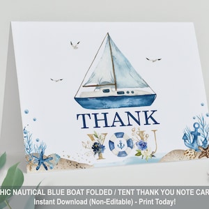 Nautische gefaltet Zelt Dankeschön-Karte, INSTANT DOWNLOAD, Ahoi ist es ein junge Baby-Dusche druckbare, blaue Boot Yacht Meer Ozean Anker Marine, NT2