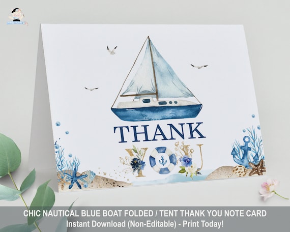 Nautical Folded Tent Thank You Card, INSTANT DOWNLOAD, Ahoy It's a Boy Baby Shower Printable, Blue Boat Yacht Sea Ocean Anchor Marine, NT2 Il_570xn