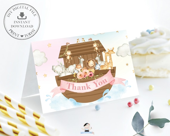 Noah's Ark Folded Tent Thank You Card, INSTANT DOWNLOAD, Rainbow Pink Noahs Animals Printable File, Baptism Baby Shower 1st Birthday, NA2 Il_570xn