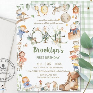 Nursery Rhyme 1st Birthday Invitation, EDITABLE TEMPLATE, Turning One Chic Boy Girl Storybook Invite Printable Pdf, Hey Diddle Diddle, NR1
