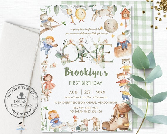 Nursery Rhyme 1st Birthday Invitation, EDITABLE TEMPLATE, Turning One Chic Boy Girl Storybook Invite Printable Pdf, Hey Diddle Diddle, NR1 Il_570xn