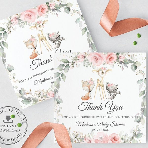 Chic Woodland Animals Thank You Favor Tags, EDITABLE TEMPLATE, Floral Greenery Baby Shower Birthday Party Printable, INSTANT Download, WG10