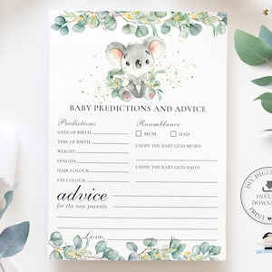 Prédictions et cartes de conseils pour bébé, TÉLÉCHARGEMENT INSTANTANÉ, Verdure Eucalyptus Mignon Koala Garçon Fille Baby Shower Jeu Activité Diy PDF Imprimable, AU2