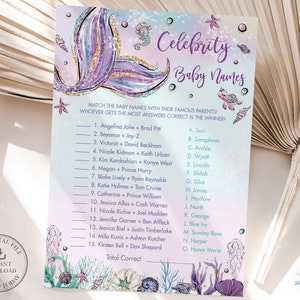 Mermaid Celebrity Baby Names Game, Mermaid Tail Baby Shower Activity, Baby Girl, Chic Purple Under the Sea Printable, INSTANT DOWNLOAD, MT2