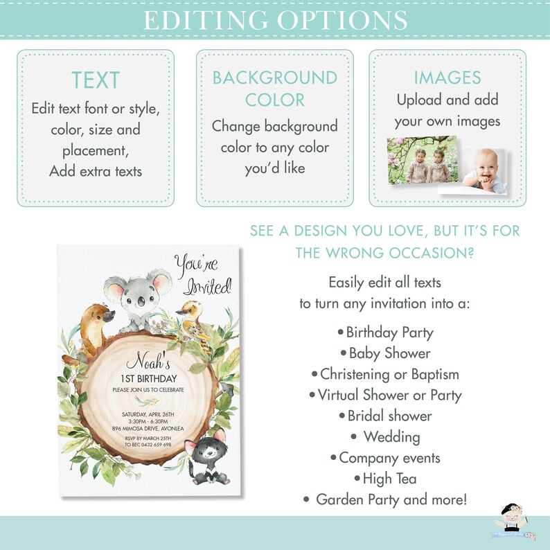 May include: A customizable invitation template featuring a watercolor illustration of a koala, a possum, and a bird sitting on a tree stump. The text "You're Invited!" is written in a whimsical font. The invitation is for a 1st birthday party and includes the child's name, date, time, and RSVP information.
