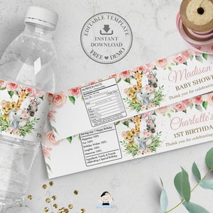 Dschungeltiere Wasserflaschenetiketten, EDITIERBARE VORLAGE, rosa Blumenaufkleber, Wrapper, Geschenk zum Ausdrucken, Mädchen-Babyparty, Geburtstag JA6