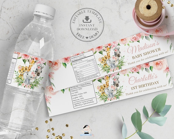 Jungle Animals Water Bottle Labels, EDITABLE TEMPLATE, Pink Floral Greenery Sticker Wrapper Favors Printable, Girl Baby Shower, Birthday JA6 Il_570xn