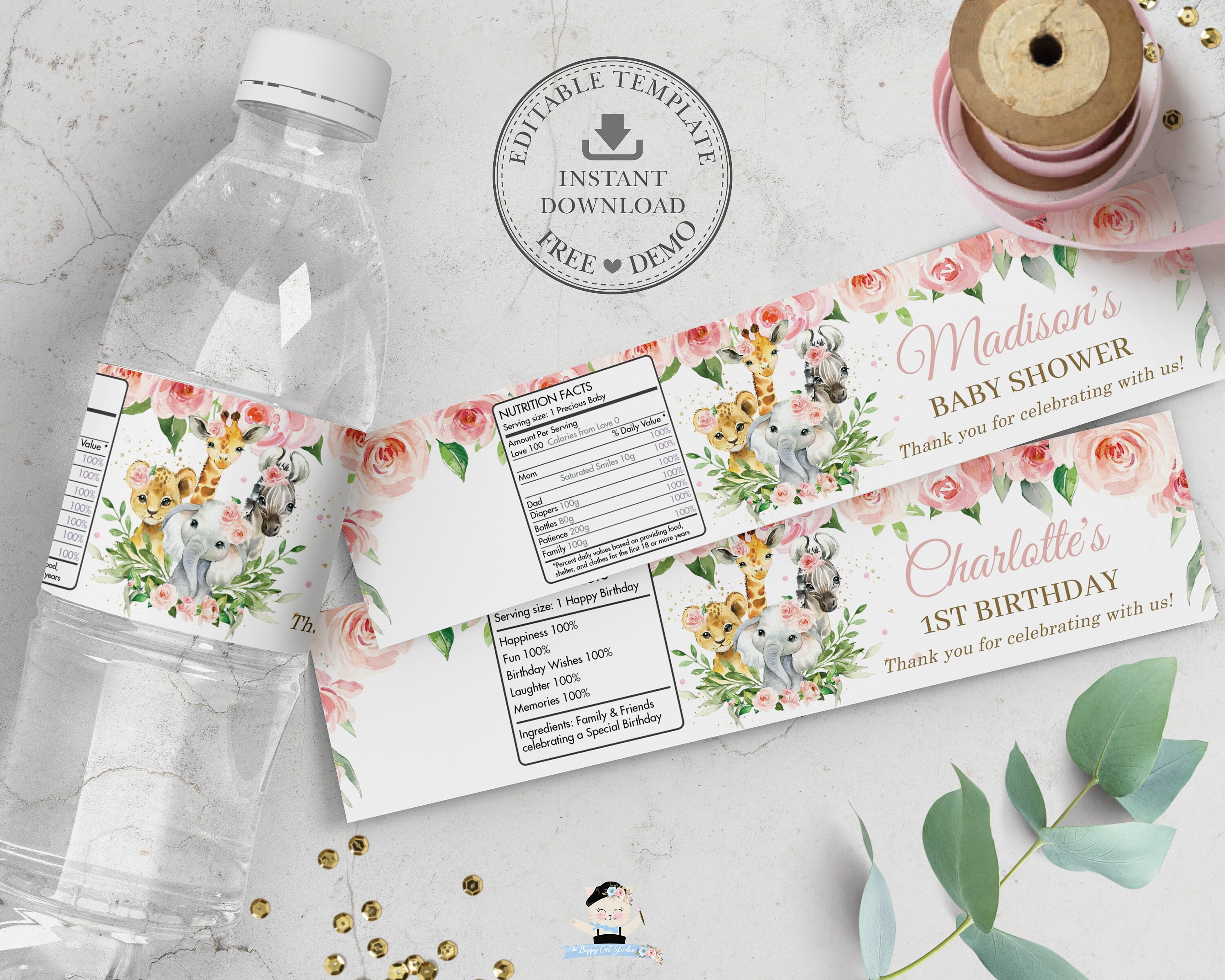 Jungle Animals Water Bottle Labels, EDITABLE TEMPLATE, Pink Floral Greenery Sticker Wrapper Favors Printable, Girl Baby Shower, Birthday JA6