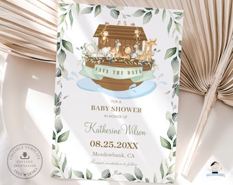 Noah's Ark Gender Neutral Baby Shower Save the Date, EDITABLE TEMPLATE, Greenery Noahs Ark Cute Animals Printable, INSTANT Download, NA1