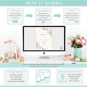 May include: A computer screen displaying a pink and gold bridal shower invitation template with a floral design. The text on the invitation reads "Bridal Shower" and "Eldise Brown". The invitation is surrounded by a gold geometric frame. The text "How It Works" is at the top of the image. The image also includes instructions on how to purchase, edit, and print the template.