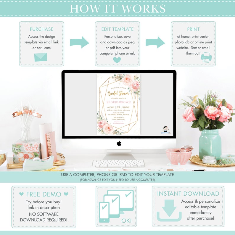 May include: A computer screen displaying a pink and gold bridal shower invitation template with a floral design. The text on the invitation reads "Bridal Shower" and "Eldise Brown". The invitation is surrounded by a gold geometric frame. The text "How It Works" is at the top of the image. The image also includes instructions on how to purchase, edit, and print the template.