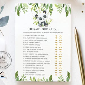 Juego "Él dijo ella dijo" PLANTILLA EDITABLE Lindo oso panda Bambú Verde Género neutro Actividad de baby shower Niño Niña Imprimible al instante PA2