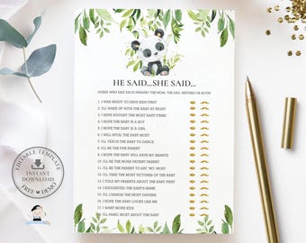 He Said She Said Game EDITABLE TEMPLATE Cute Panda Bear Bamboo Greenery Gender Neutral Boy Girl Baby Shower Activity Instant Printable PA2