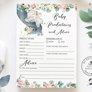 Prédictions et cartes de conseils pour bébé, TÉLÉCHARGEMENT INSTANTANÉ, verdure florale rose Mignon éléphant fille Baby Shower Activité de jeu Diy PDF Imprimable EP11