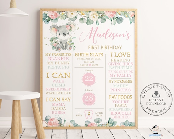 Cute Koala 1st Birthday Milestone Sign, EDITABLE TEMPLATE, Floral Greenery Eucalyptus Girl Birth Stats Poster Decor Pdf INSTANT Download AU2 Il_570xn