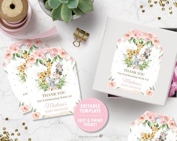 EDITABLE TEMPLATE Jungle Animals Thank You Tags, Pink Floral Greenery Favor Swing Tag Birthday Printable Pdf, Baby Shower Girl, INSTANT JA6 Il_570xn