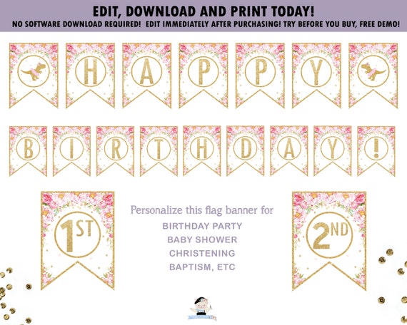 Girl Dinosaur Flag Banner Editable Template Floral Bunting Garland Birthday Printable Baby Shower Christening Digital Instant Download Fd1 By The Happy Cat Studio Catch My Party
