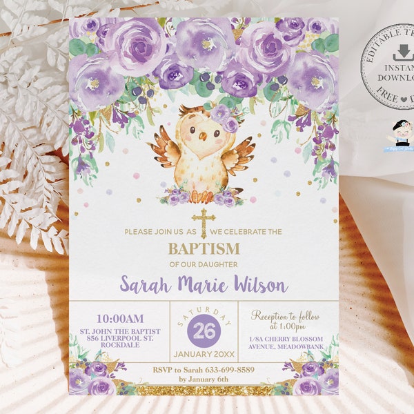 EDITABLE TEMPLATE Cute Owl Baptism Christening Invitation Woodland Animals Purple Floral Flowers 1st Birthday Invite Printable Download OW3