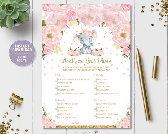 Whats on Your Phone Baby Shower Game, Elephant Printable, What's in your phone, Cell Phone Game, Baby Shower Activity, Baby Girl, Pink, EP5 Il_570xn