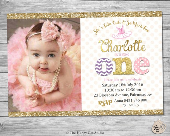 Ballerina 1st Birthday Personalized Invitation, Pink and Gold, Printable, Invites, Digital Print Download File, Photo, First Birthday, Tutu Il_570xn