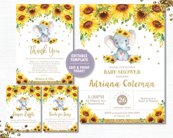 Elephant Sunflower Invitation Bundle Set, EDITABLE TEMPLATE, Instant Download, Elephant Baby Shower Thank You, Diaper, Rustic, Floral, EP8 Il_570xn