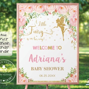 Chic Blush Pink Floral Fairy Welcome Sign, EDITABLE TEMPLATE, Gold Glitter Fairy Silhouette Baby Shower Diy Printable, INSTANT Download, FF1