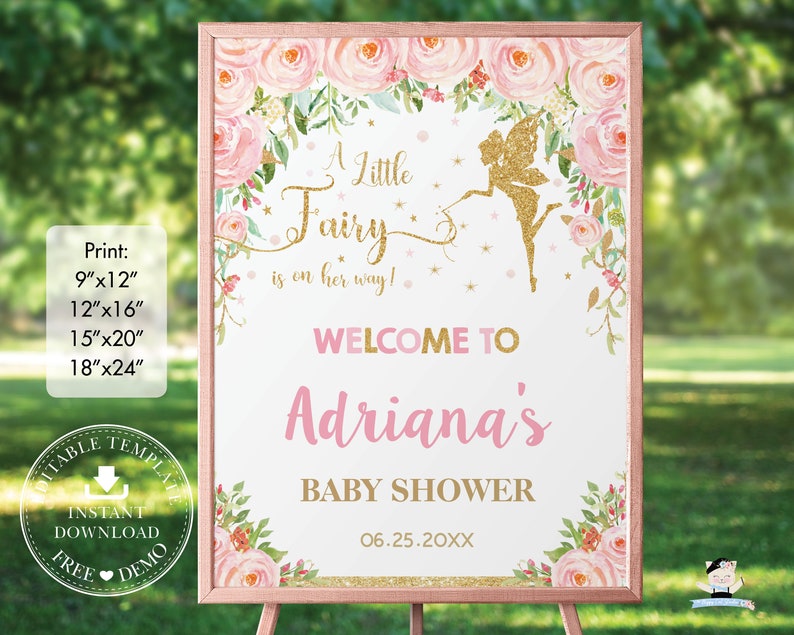 Chic Blush Pink Floral Fairy Welcome Sign, MODELO EDITÁVEL, Gold Glitter Fairy Silhouette Baby Shower Diy Printable, Download INSTANTÂNEO, FF1 imagem 1