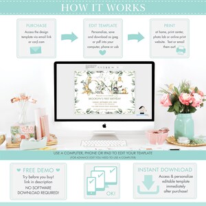 May include: A digital illustration of a printable invitation for a first birthday party. The invitation features a green and gold color scheme with a woodland animal theme. The text on the invitation reads "Brooklyn's First Birthday" and includes the date and time of the party. The invitation is displayed on a computer screen with a green background.