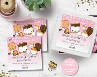 S'mores Thank You Favor Tags, EDITABLE TEMPLATE, Cute Kawaii Smore Birthday Party Printable, Campfire Bonfire Outdoor, INSTANT Download, KW1