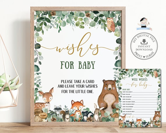 Woodland Animals Wishes for Baby Card and Sign, Rustic Forest Greenery Neutral Baby Shower Activity Printable Diy Pdf INSTANT DOWNLOAD, WG17 Il_570xn