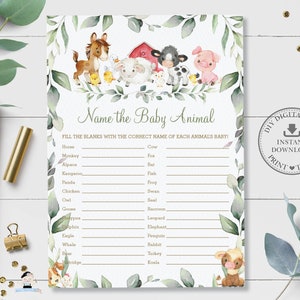 Nommez le jeu Baby Animal, TÉLÉCHARGEMENT INSTANTANÉ, Greenery Farm Animals Barnyard Neutral Baby Shower Quiz Card Activity, Diy PDF Imprimable, BY5