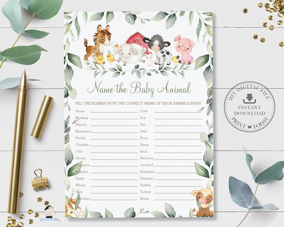 Name the Baby Animal Game, INSTANT DOWNLOAD, Greenery Farm Animals Barnyard Neutral Baby Shower Quiz Card Activity, Diy PDF Printable, BY5 Il_570xn