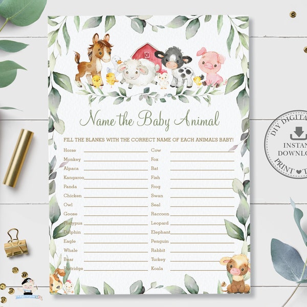 Name the Baby Animal Game, INSTANT DOWNLOAD, Greenery Farm Animals Barnyard Neutral Baby Shower Quiz Card Activity, Diy PDF Printable, BY5