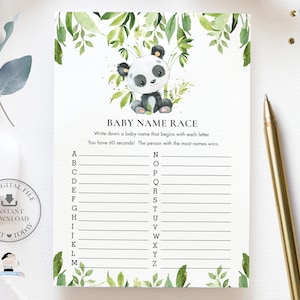 Nombre del bebé Carrera ABC Juego DESCARGA INSTANTE Lindo Oso Panda Bambú Verde Género Neutral Niño Niña Baby Shower Quiz Actividad Diy Imprimible PA2