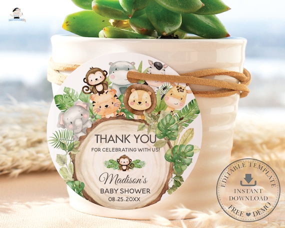 Cute Jungle Animals 2" Circle Label EDITABLE TEMPLATE, Greenery Thank You Stickers Tags Favors Printable, Baby Shower, Birthday Baptism, JA2 Il_570xn