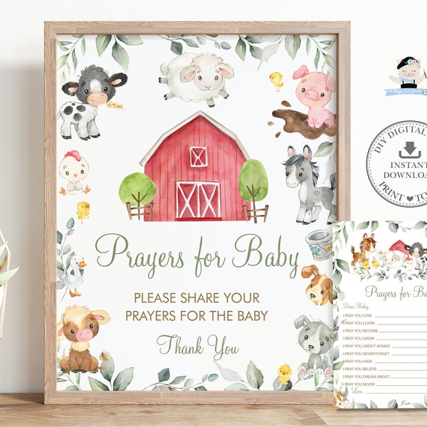 Farm Animals Prayers for Baby Card and Sign, Greenery Barnyard Gender Neutral Baby Shower Activities Printable Diy INSTANT DOWNLOAD, BY5