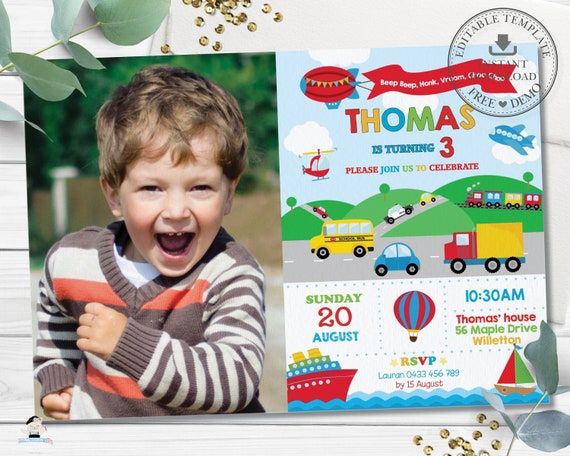 Transportation Birthday Party Invitation EDITABLE TEMPLATE Vibrant transportation-birthday-party-invitation-editable-template-vibrant