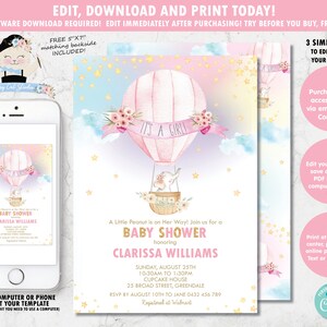 Hot Air Balloon Invitation, Elephant Hot Air Balloon Baby Girl Shower Invite, Elephant Printable, Diy Pdf INSTANT EDITABLE TEMPLATE, HB6 image 2