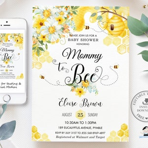 Invitación de baby shower floral amarillo abeja elegante, PLANTILLA EDITABLE, Descarga INSTANTÁNEA, Abejas abejorros mamá mamá padres a archivo de invitación de abeja, BB1