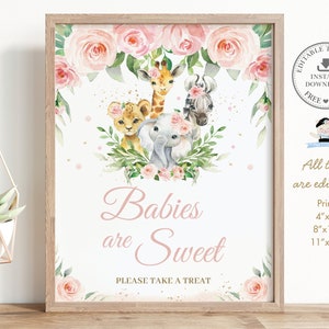 May include: A printable sign with a pink floral border and a watercolor illustration of a giraffe, zebra, lion, and elephant. The text reads "Babies are Sweet" and "Please Take a Treat".